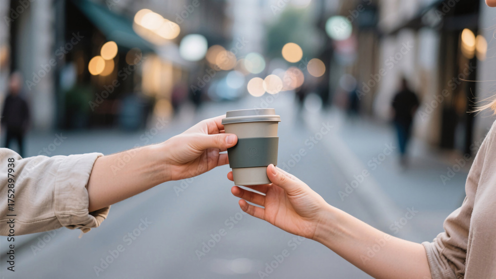 Sustainable lifestyle concept with hands meeting over a reusable cup, representing everyday eco choices and meaningful connection.