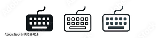 keyboard icon on white background Black silhouette flat icon outline icon and colored icon style. 1x3 grid. three minimal vector icon style.centered composition clear white space around