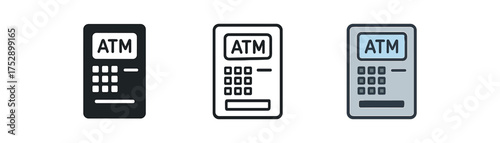 atm machine icon on white background Black silhouette flat icon outline icon and colored icon style. 1x3 grid. three minimal vector icon style.centered composition clear white space around