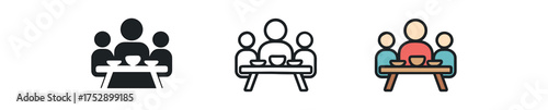 family dinner table icon on white background Black silhouette flat icon outline icon and colored icon style. 1x3 grid. three minimal vector icon style.centered composition clear white space