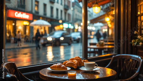 Moody cafe scene at a window with wet street bokeh, table set with croissant, bread, latte