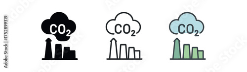 carbon capture icon on white background Black silhouette flat icon outline icon and colored icon style. 1x3 grid. three minimal vector icon style.centered composition clear white space