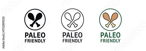 paleo friendly icon on white background Black silhouette flat icon outline icon and colored icon style. 1x3 grid. three minimal vector icon style.centered composition clear white space
