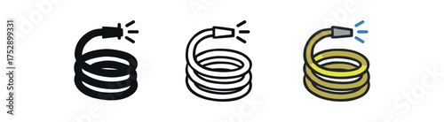 garden hose icon on white background Black silhouette flat icon outline icon and colored icon style. 1x3 grid. three minimal vector icon style.centered composition clear white space around