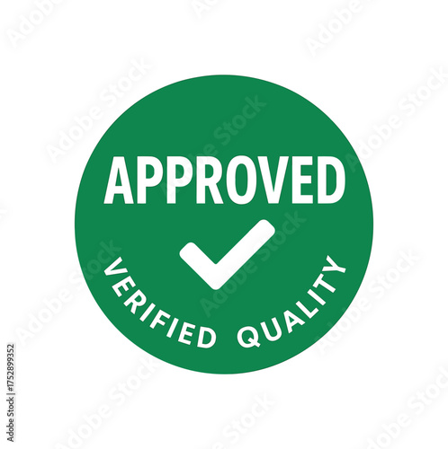 Green approval badge flat vector white background.Large bold uppercase 'APPROVED' small subtext 'VERIFIED QUALITY' checkmark icon integrated.Circular layout even margins no gradients