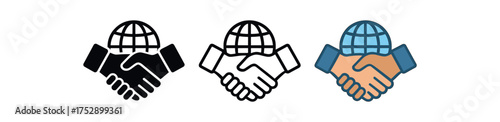 international handshake icon on white background Black silhouette flat icon outline icon and colored icon style. 1x3 grid. three minimal vector icon style.centered composition clear white