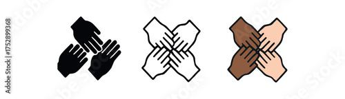 diversity hands icon on white background Black silhouette flat icon outline icon and colored icon style. 1x3 grid. three minimal vector icon style