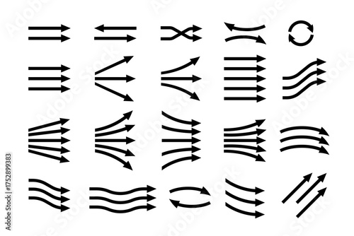 Air flow arrows set. Arrow black icon collection for showing wind direction