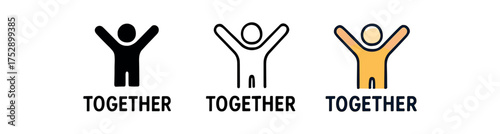together slogan icon on white background Black silhouette flat icon outline icon and colored icon style. 1x3 grid. three minimal vector icon style.centered composition clear white space