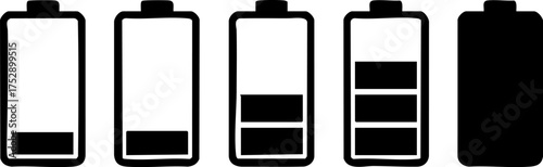 A set of monochrome battery charge level icons showing the progression of energy from empty to fully charged, isolated on a white background