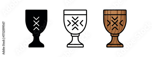 carved wooden goblet icon on white background Black silhouette flat icon outline icon and colored icon style. 1x3 grid. three minimal vector icon style