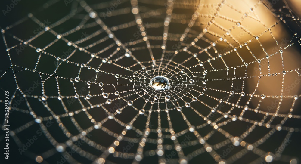 Fototapeta premium Close Up Dew Covered Spider Web with Water Droplets in Warm Light