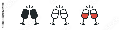 toast glasses icon on white background Black silhouette flat icon outline icon and colored icon style. 1x3 grid. three minimal vector icon style.centered composition clear white space