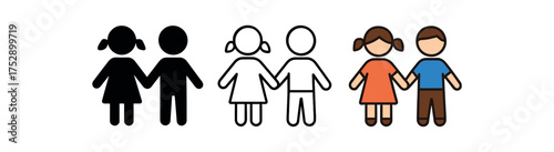 children holding hands icon on white background Black silhouette flat icon outline icon and colored icon style. 1x3 grid. three minimal vector icon style.centered composition clear white