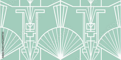 Elegant seamless Art Deco geometric pattern featuring classic fan motifs and angular lines on a soft mint green background, perfect for vintage-inspired designs and luxurious decorative projects