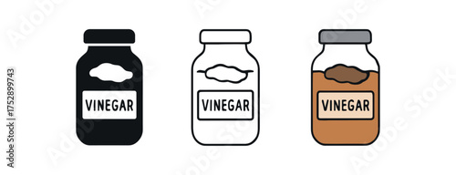 vinegar mother jar icon on white background Black silhouette flat icon outline icon and colored icon style. 1x3 grid. three minimal vector icon style