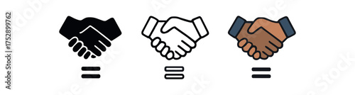 equality handshake icon on white background Black silhouette flat icon outline icon and colored icon style. 1x3 grid. three minimal vector icon style.centered composition clear white space