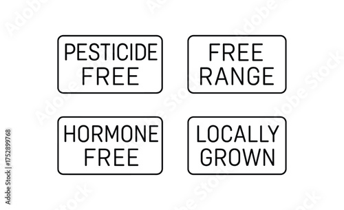 Extended outline dietary set:'PESTICIDE FREE' 'FREE RANGE' 'HORMONE FREE' 'LOCALLY GROWN'.Same stroke width consistent grid
