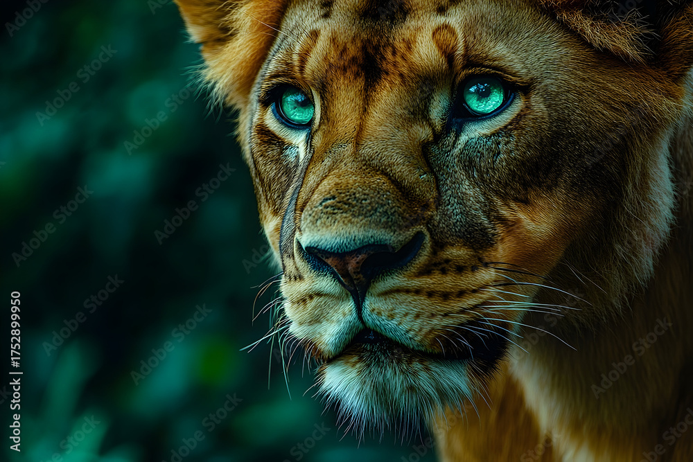 Fototapeta premium Close-up of a Majestic Lion with Striking Emerald Eyes