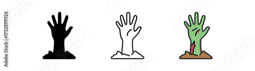 zombie hand icon on white background Black silhouette flat icon outline icon and colored icon style. 1x3 grid. three minimal vector icon style.centered composition clear white space around