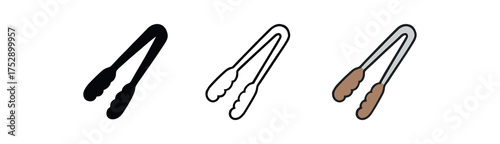 serving tong icon on white background Black silhouette flat icon outline icon and colored icon style. 1x3 grid. three minimal vector icon style.centered composition clear white space around