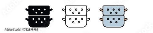 steamer basket icon on white background Black silhouette flat icon outline icon and colored icon style. 1x3 grid. three minimal vector icon style.centered composition clear white space