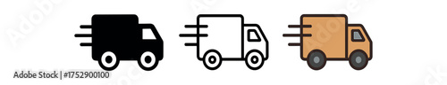 courier truck icon on white background Black silhouette flat icon outline icon and colored icon style. 1x3 grid. three minimal vector icon style