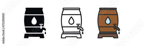rain barrel icon on white background Black silhouette flat icon outline icon and colored icon style. 1x3 grid. three minimal vector icon style.centered composition clear white space around
