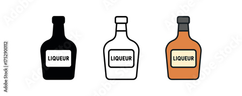 liqueur bottle icon on white background Black silhouette flat icon outline icon and colored icon style. 1x3 grid. three minimal vector icon style