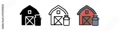 barn milk pail icon on white background Black silhouette flat icon outline icon and colored icon style. 1x3 grid. three minimal vector icon style