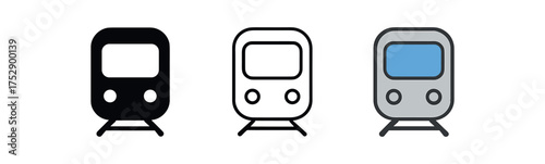 train icon on white background Black silhouette flat icon outline icon and colored icon style. 1x3 grid. three minimal vector icon style.centered composition clear white space around equal