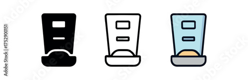 automatic pet feeder icon on white background Black silhouette flat icon outline icon and colored icon style. 1x3 grid. three minimal vector icon style