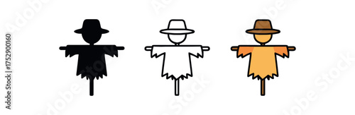 scarecrow icon on white background Black silhouette flat icon outline icon and colored icon style. 1x3 grid. three minimal vector icon style.centered composition clear white space around