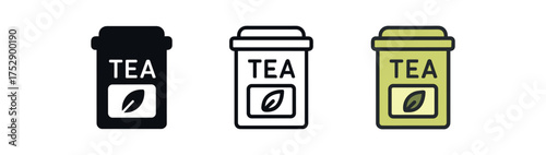 tea tin box icon on white background Black silhouette flat icon outline icon and colored icon style. 1x3 grid. three minimal vector icon style