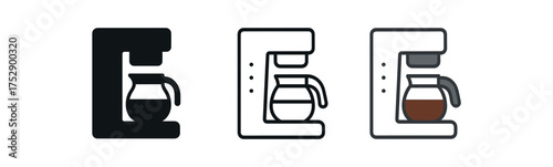 drip coffee pot icon on white background Black silhouette flat icon outline icon and colored icon style. 1x3 grid. three minimal vector icon style