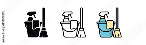 cleaning service icon on white background Black silhouette flat icon outline icon and colored icon style. 1x3 grid. three minimal vector icon style