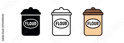 flour canister icon on white background Black silhouette flat icon outline icon and colored icon style. 1x3 grid. three minimal vector icon style