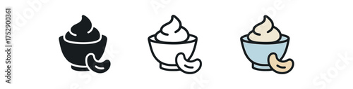 cashew cream icon on white background Black silhouette flat icon outline icon and colored icon style. 1x3 grid. three minimal vector icon style.centered composition clear white space around