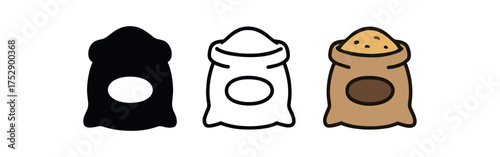 canvas food sack icon on white background Black silhouette flat icon outline icon and colored icon style. 1x3 grid. three minimal vector icon style