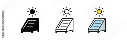 solar dryer icon on white background Black silhouette flat icon outline icon and colored icon style. 1x3 grid. three minimal vector icon style.centered composition clear white space around