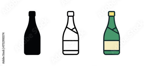 champagne bottle icon on white background Black silhouette flat icon outline icon and colored icon style. 1x3 grid. three minimal vector icon style