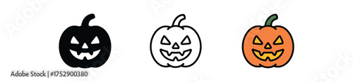 jack o lantern icon on white background Black silhouette flat icon outline icon and colored icon style. 1x3 grid. three minimal vector icon style.centered composition clear white space