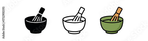 matcha bowl icon on white background Black silhouette flat icon outline icon and colored icon style. 1x3 grid. three minimal vector icon style.centered composition clear white space around