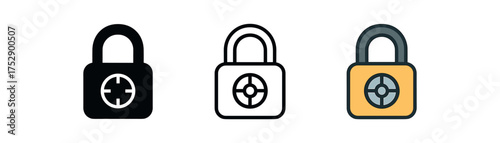 lock combination icon on white background Black silhouette flat icon outline icon and colored icon style. 1x3 grid. three minimal vector icon style.centered composition clear white space