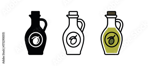 olive oil bottle icon on white background Black silhouette flat icon outline icon and colored icon style. 1x3 grid. three minimal vector icon style