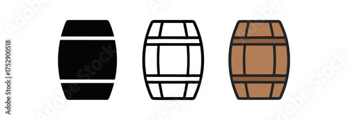 wooden barrel icon on white background Black silhouette flat icon outline icon and colored icon style. 1x3 grid. three minimal vector icon style