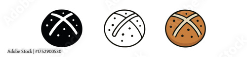hot cross bun icon on white background Black silhouette flat icon outline icon and colored icon style. 1x3 grid. three minimal vector icon style.centered composition clear white space