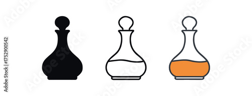 decanter with stopper icon on white background Black silhouette flat icon outline icon and colored icon style. 1x3 grid. three minimal vector icon style