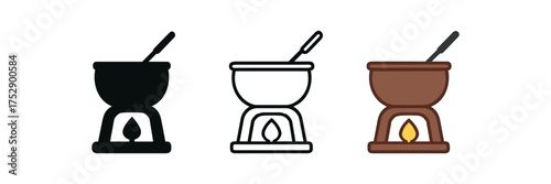 chocolate fondue pot icon on white background Black silhouette flat icon outline icon and colored icon style. 1x3 grid. three minimal vector icon style