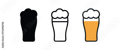 beer pint glass icon on white background Black silhouette flat icon outline icon and colored icon style. 1x3 grid. three minimal vector icon style